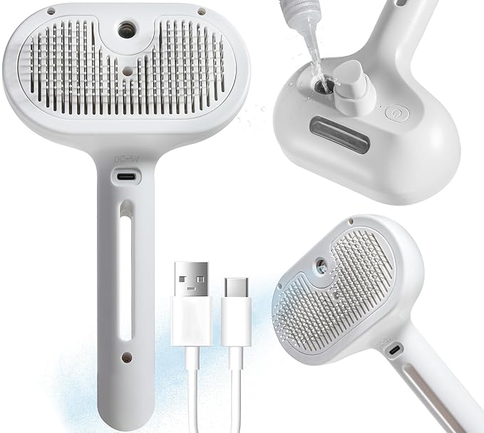Spray Cat Pet Grooming Brush with Water Sprayer - Hair Removal Comb for Cats and Dogs, White Shedding and Bath Brush with Steam Release