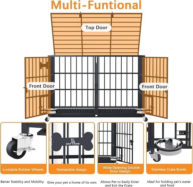 aboxoo 42 inch Stackable Heavy Duty Metal Dog Crate for 4 Dogs/Large Dog,All Metal Open Top Access,Escape Proof Cage,Dog Kennel Indoor with Wheels,Floor Grid, Tray, Divider and Feeding Bowl
