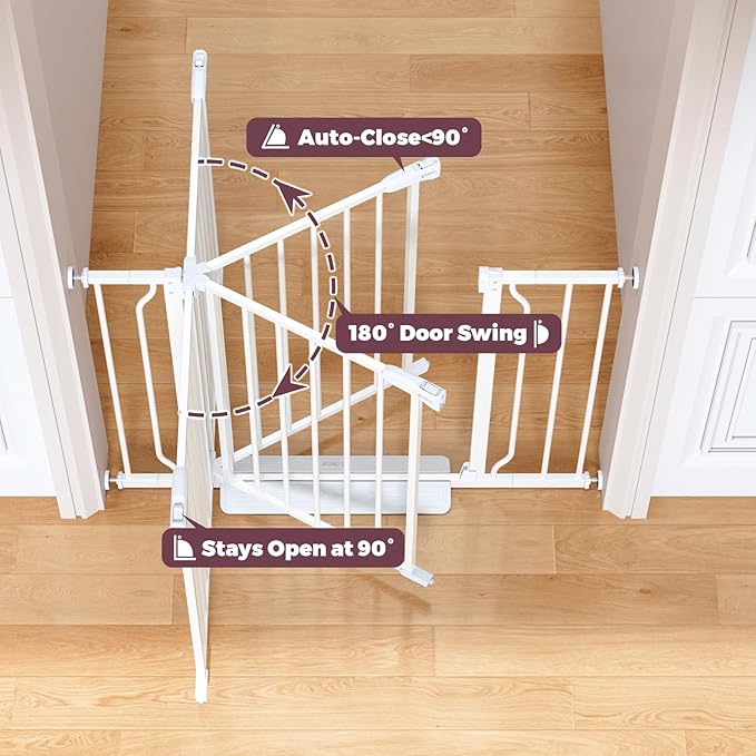 34" Extra Tall Baby Gate for Stairs, Auto Close Stroller Friendly Dog Gate Indoor for Doorways, Pressure Mounted 29"-45" W Baby Gate, Easy Walk Through Gate for Children & Pets, White