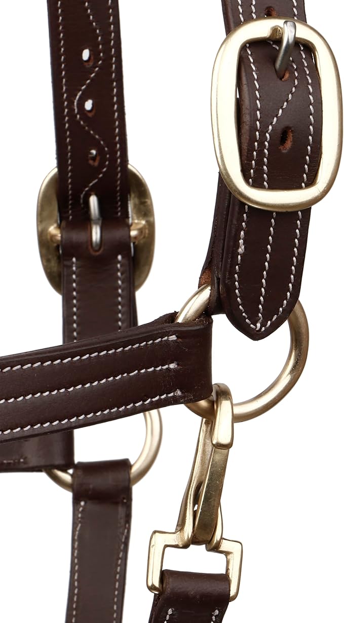 Triple Stitch Leather Horse Halter, Adjustable Design, Fancy Stitching, Solid Brass Hardware