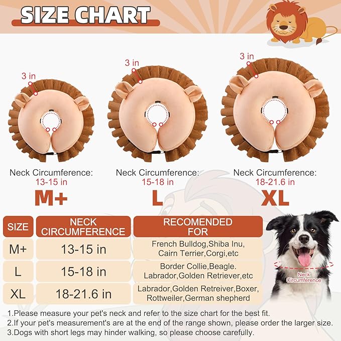 KOOLTAIL Inflatable Dog Cone Collar, Soft Dog Cone Alternative for Large Medium Small Dogs After Surgery, Adjustable Donut Neck Cone for Dogs Cats, Recovery E Collar with Enhanced Anti-Licking,Lion M