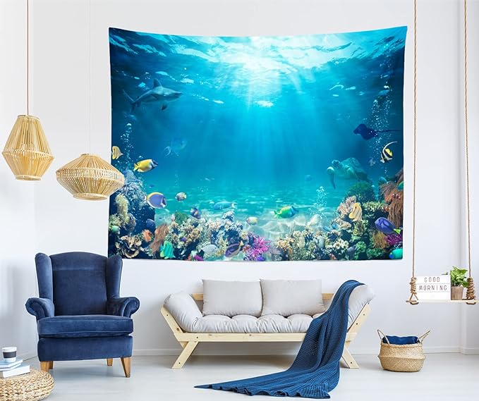 Loccor Underwater World Tapestry Blue Ocean Wall Hanging Under the Sea Coral Reef Wall Tapestry 179x98 Inches Tropical Fish Tank Undersea Tapestries Marine Wall Art for Bedroom Living Room Dorm Decor