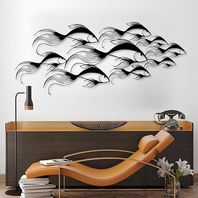 School of Fish Metal Wall Art, Metal Fish Wall Decor, Sea Life Wall Art, Large Nautical Wall Hanging, Modern Beach House Wall Decor, Ocean Themed Artwork for Bathroom (Silver, 53"x22" | 135x57cm)