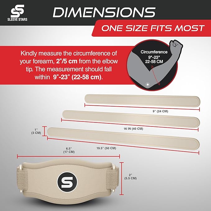 Sleeve Stars Tennis Elbow Brace for Men & Women, Tendonitis Elbow Brace & Strap Golfers Elbow Brace Counterforce Band for Tendon Pain Relief & Support for Forearm w/ 3 Straps Fits 9-23" (Single) (2, Beige, One Size)