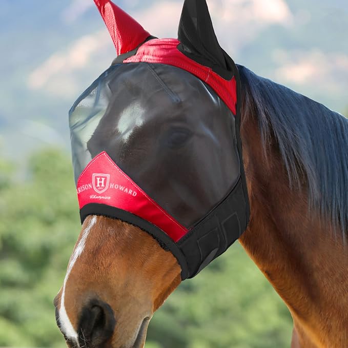 Harrison Howard Pro Luminous Horse Fly Mask Standard with Ears UV Protection for Horse Scarlet Red/Black XL Extra Full Size