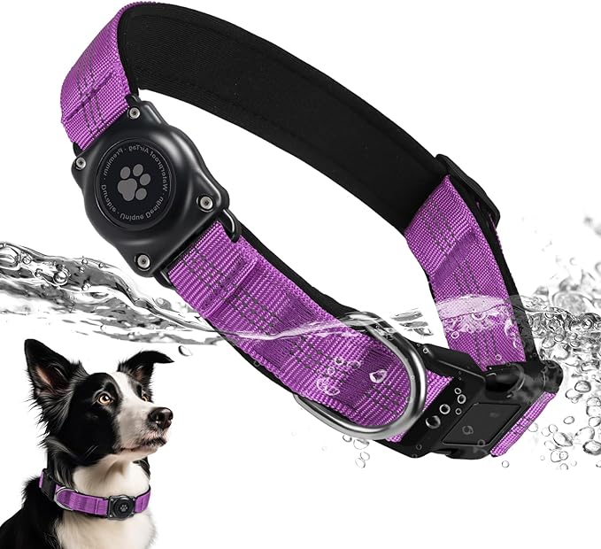 Upgraded AirTag Dog Collar, IP68 Waterproof Air Tag Dog Collar Holder, Reflective, Ultra-Durable, Comfortable Padded, Heavy Duty Dog Collars for Small Medium Large Dogs (XL (15.6"-22"), Purple)