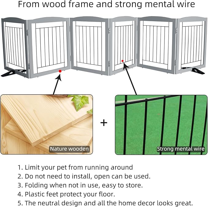 ZJSF Freestanding Dog Fence Indoor, Foldable Dog Gate for Doorways, Stairs or Hallways, Sturdy Wood Extra Wide Pet Gate with Support Feet for The House, Grey, 24 "Height-6 Panels