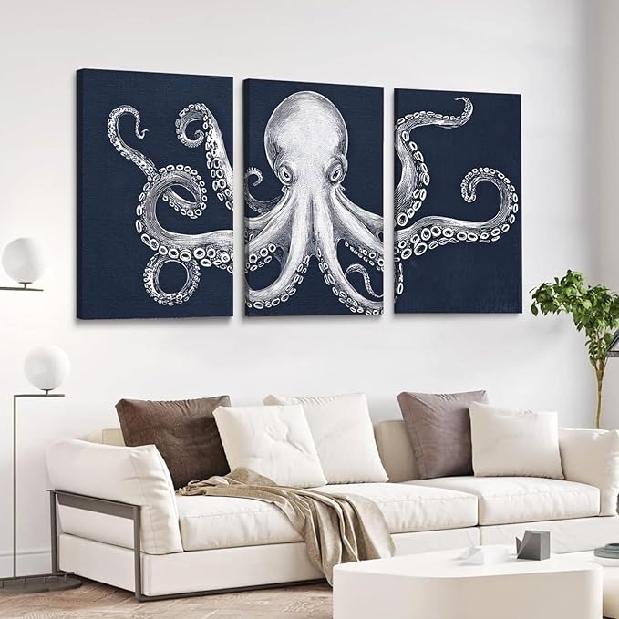 Octopus Wall Decor, Octopus Canvas Wall Art, Ocean Wall Decor,Sea Animal Canvas to Paint for Bathroom, Living Room, Bedroom (16" x 24" x 3 pcs)