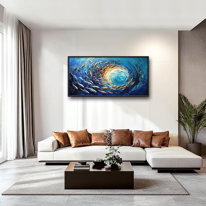 Extra Large Framed Abstract Ocean Fish Wall Art,Oversized Blue Sea Nautical Fish Wall Decor Pictures for Living Room,Canvas Print Painting Modern Artwork Bedroom Office Bathroom Home Decor 60L x30W