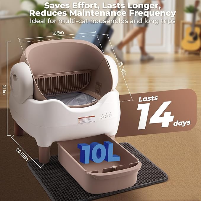 Self Cleaning Litter Box, Automatic Cat Litter Box with APP Control, Odor-Free Waste Disposal Includes Trash Bags, Large Waste Bin, Open-Top, for Multiple Cats