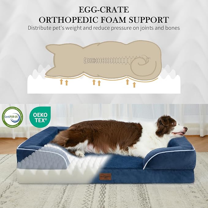 Comfort Expression Extra Large Dog Beds, Waterproof Orthopedic Foam Dog Beds, XL Dogs Bed with Bolster, Washable Dogs Sofa Pet Bed with Removable Cover & Non-Slip Bottom(X-Large,Navy Blue)