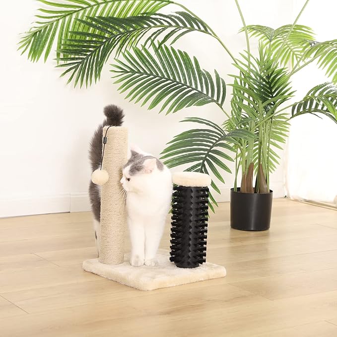 Amazon Basics Cat Scratcher - Indoor Classic Single Cat & Kittens Scratching Post with Brush, Small (16.5" H) - Beige