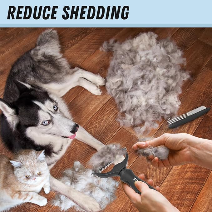 Pet Grooming Combo: Undercoat Rake, Dematting Deshedding Brush for Long-Haired Dogs and Cats, Black