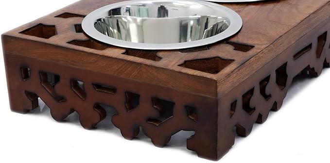 Elevated Pet Feeder for Dogs and Cats - Hand Carved Wood Bones Raised Dog Bowl Stand - Pet Feeding Stand with Two Steel Bowls - Raised Dog Bowl for Food Water - Pet Feeding Station -17x11x4- IRONGATE