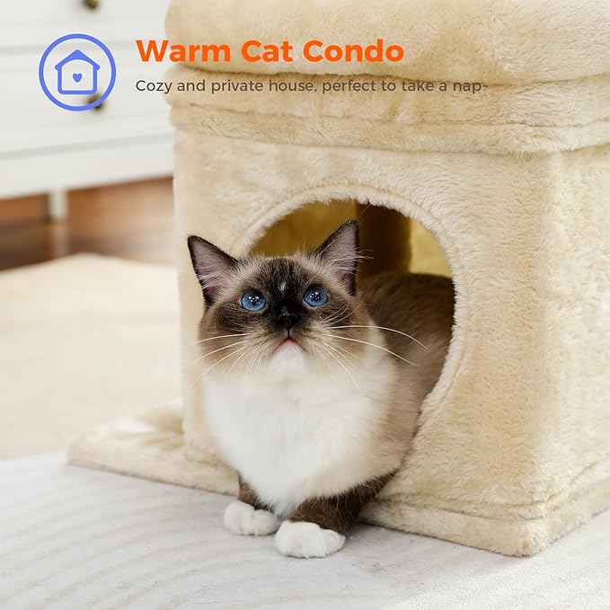 PEQULTI Cat Tree Cat Tower for Indoor Cats with Private Cozy Cat Condo, Natural Sisal Scratching Posts and Plush Pom-pom for Small Cats,Beige