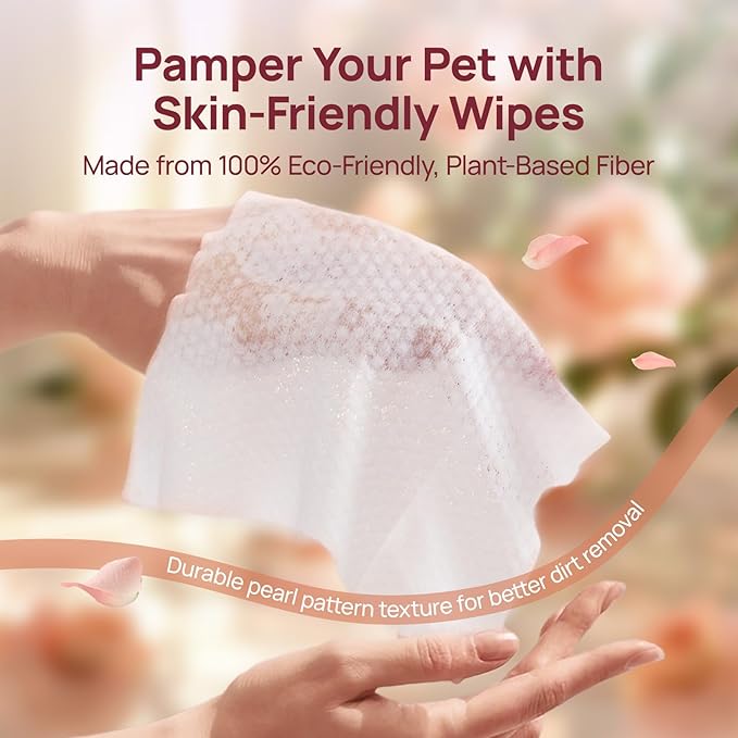 HICC PET Cleaning Deodorizing Wipes for Dogs & Cats, Vet Recommended Nourishes Smoothes Fur Pet Grooming Wipes with Fermented Coconut Oil (400 Counts (Thicken), Rose)