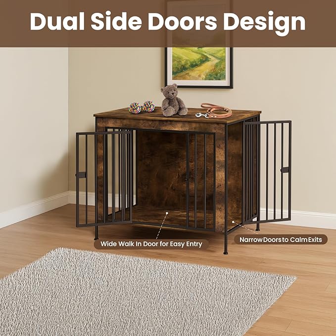 Dog Crate Furniture 40" Sturdy Heavy Duty Dog Kennel Solid Metal Tube Thick Wooden with 3 Lockable Doors Single Dog Cage Large Breed as TV Stand End Table for Large Dog Rustic Brown