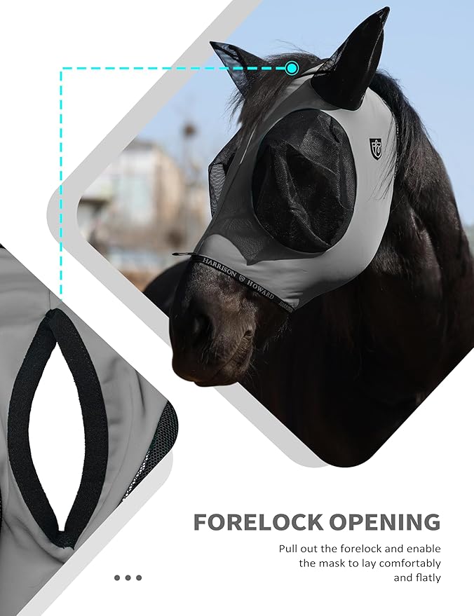 Harrison Howard Horse Fly Mask with Forelock Opening Stretch Breathable and Comfortable for Horses UV -Protection Grey M