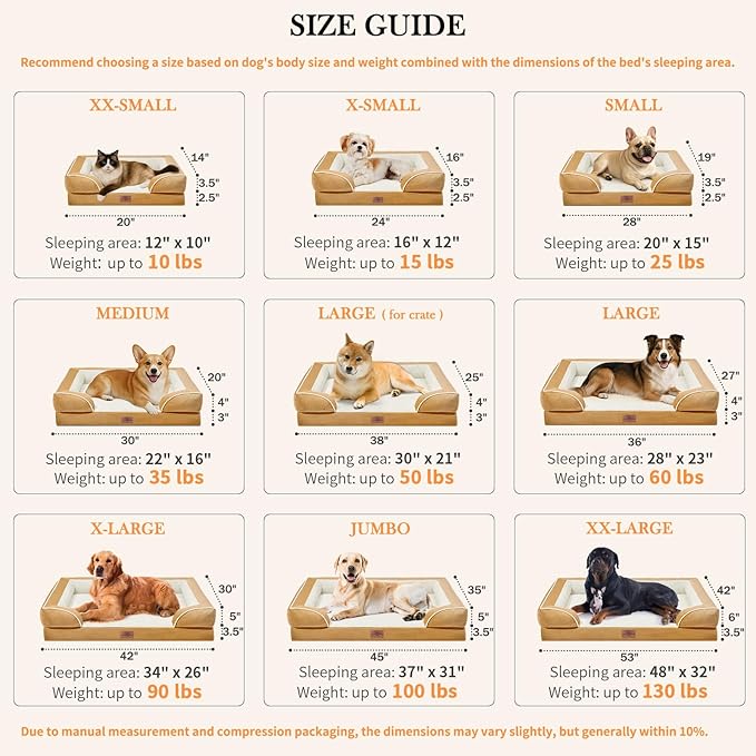 Comfort Expression Medium Dog Beds Waterproof Orthopedic Foam Dog Sofa Beds for Medium Large Dogs Comfy Pet Bed with Washable Removable Cover & Non-Slip Bottom(Medium,Khaki)