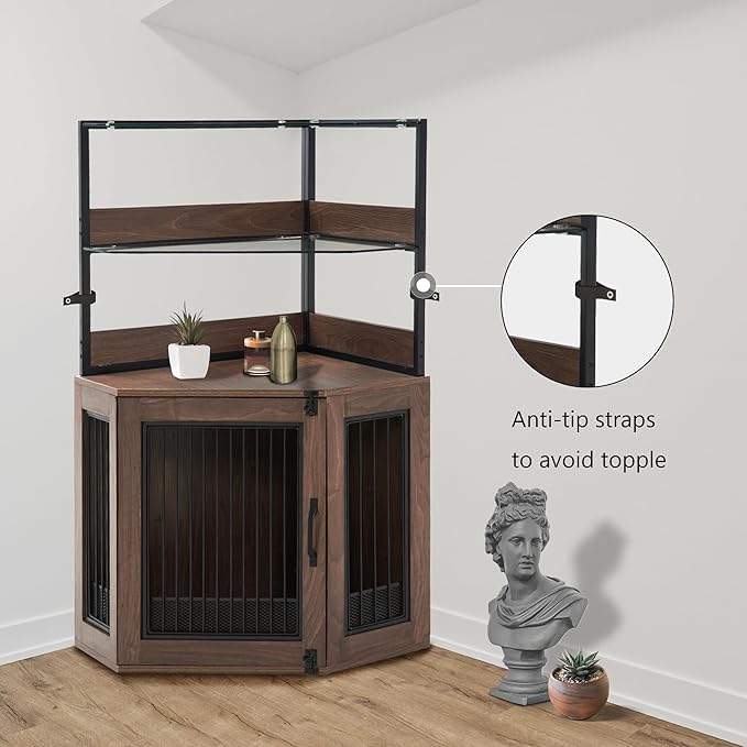 MCombo Small Corner Dog Crate Furniture with Glass Shelves, Wooden Dog Kennel Furniture with Door, Pet Crate Indoor Use, CN17 (Brown)