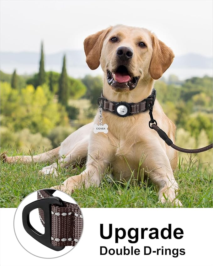 TagME Airtag Dog Collar,Waterproof Reflective Pet Collar with Airtag Holder,Soft Padded and Double D-Rings for Extra Large Dogs,Brown