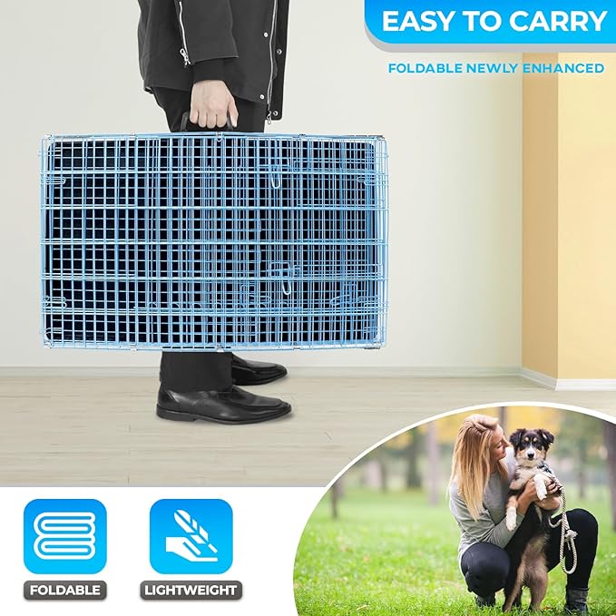 FDW Dog Crate for Medium Dogs 30 Inch Folding Metal WirePet Cage Double Door W/Divider Panel Indoor Outdoor Kennel Leak-Proof Plastic Tray,Blue