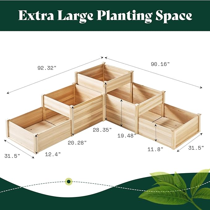 AMERLIFE 3-Tier Raised Garden Bed for Outdoor Gardening, Fir Wood Planter Box with Dividers, Tool-Free Assembly, Garden Box Perfect for Vegetables, Herbs, and Flowers