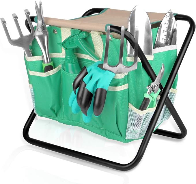 Kitness 9 PCS All-in-one Garden Tools Set Heavy Duty Cast-Aluminium Alloy Gardening Tools Kit with Folding Stool Seat&Detachable Canvas Tool Bag Great Gifts for Gardening