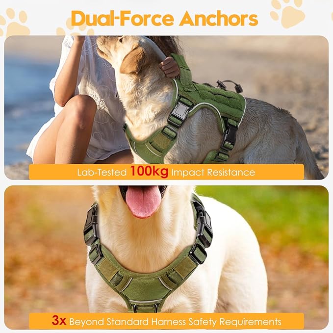 Heavy-Duty Tactical Dog Harness for Large Dogs, No Pull Adjustable Reflective Pet Vest with Molle System, K9 Military-Grade Control for Service Training, Outdoor & 10+ Breeds, Green, Small