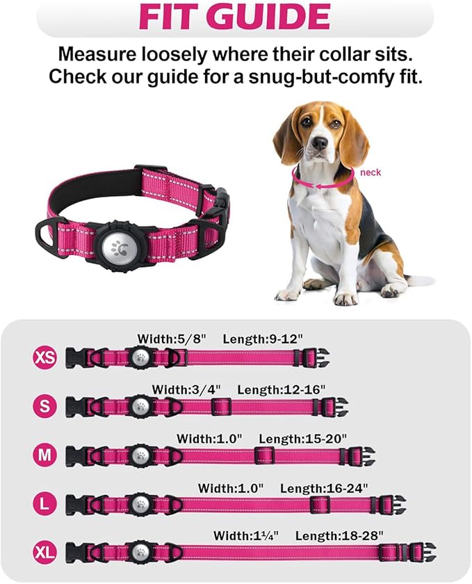 TagME Airtag Dog Collar,Waterproof Reflective Pet Collar with Airtag Holder,Soft Padded and Double D-Rings for Large Dogs,Hot Pink