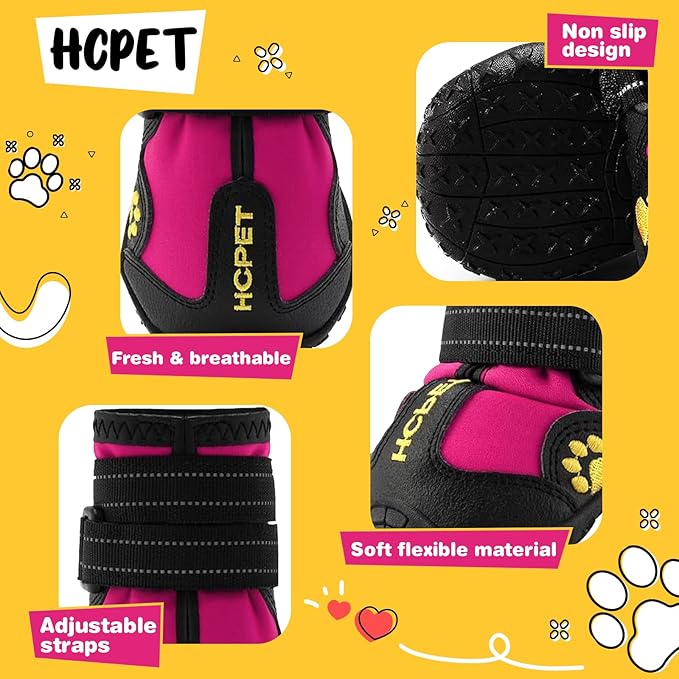 Hcpet Dog Shoes, Dog Boots for Small Dogs, Waterproof Medium Dog Booties Paw Protector for Summer Hot Pavement, Winter Snowy Day, Outdoor Walking, Indoor Hardfloors Anti Slip Sole Pink Size 3