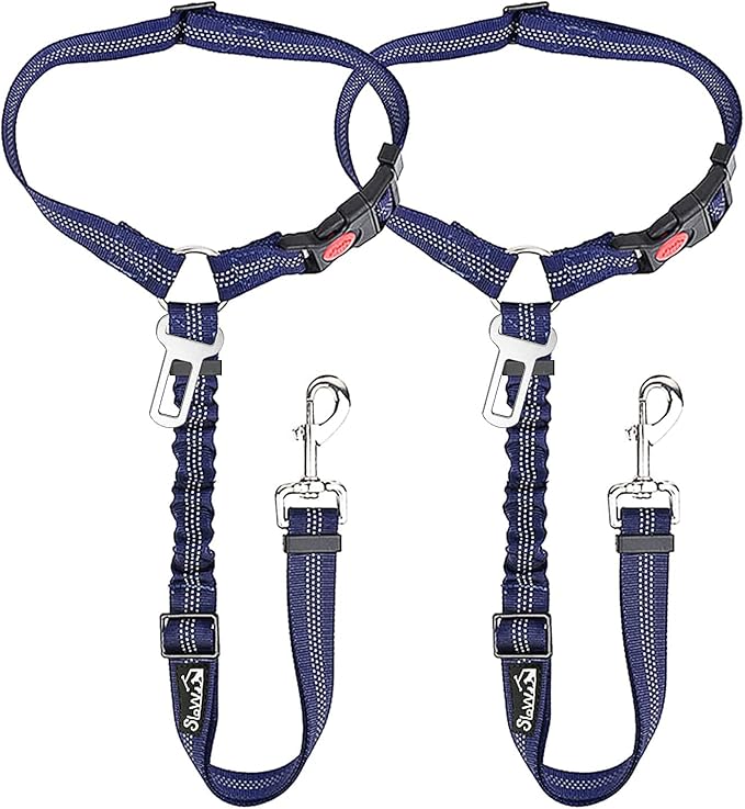 SlowTon Dog Seat Belt for Car, 2 Pack Dog Car Harness Seatbelt Adjustable with Elastic Bungee Buffer, 2 in 1 Pet Car Leash Headrest Restraint Dog Reflective Safety Tether (Blue, Headrest+Clip)