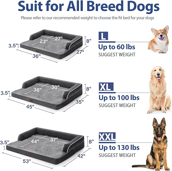 Orthopedic Dog Beds for Extra Large Dogs, Memory Foam Dog Couch Beds with Comfy Bolster, Waterproof Dogs Beds XLarge, Removable Washable Cover and Nonskid Bottom (X-Large, Dark Grey)