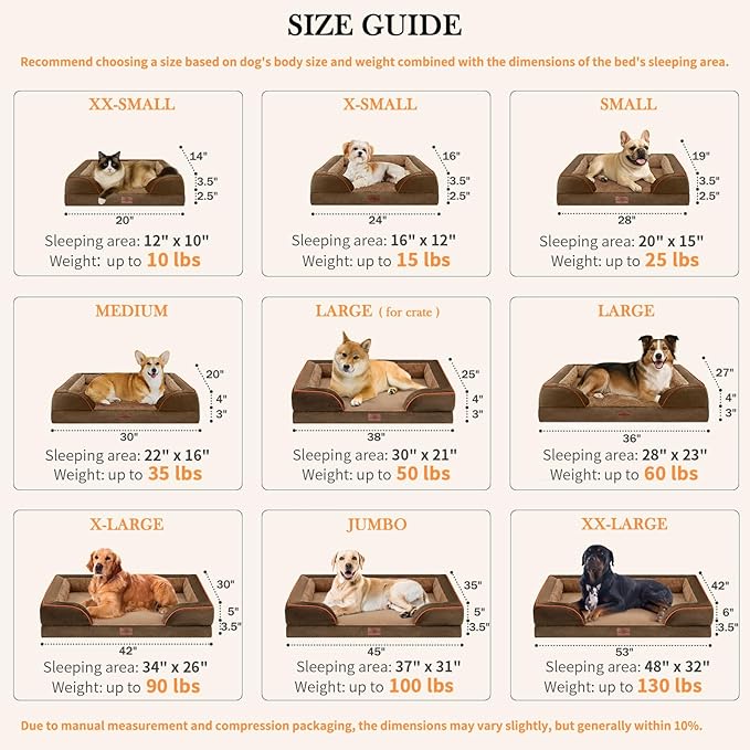 Comfort Expression Dog Beds for Extra Large Dogs, Waterproof Orthopedic Foam XL Dog Beds with Bolster, Washable Dogs Bed Sofa Pet Bed with Removable Cover & Non-Slip Bottom(X-Large,Brown)