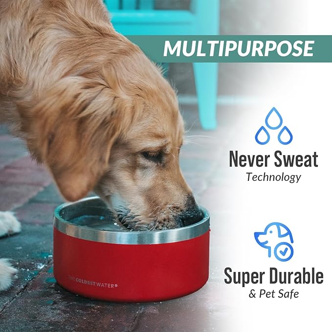 Coldest Dog Bowl - Anti Rust Metal, Non Slip, 3 Layers Insulated Stainless Steel Dog Bowls - Spill Proof & Heavy Duty - Water Bowl for Dogs, Cats & Pets, Dish Washer Safe (100 oz, Crimson Red)