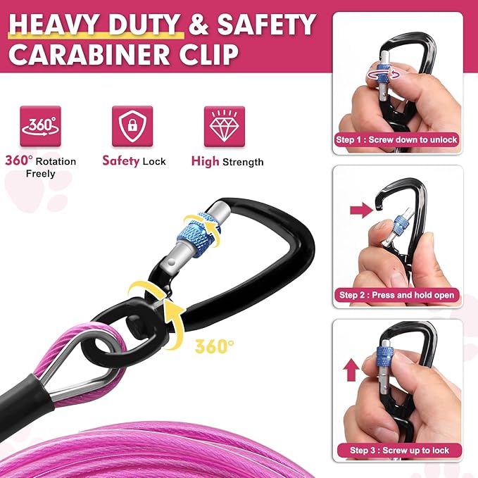 Snagle Paw Heavy Duty Long Leads for Yard 200FT-1000LBS Break Strength, Tie Out Cable With Swivel Lockable Hook & Spring, Chew Proof Chain for Outside, Run Cable for Medium Large Dogs