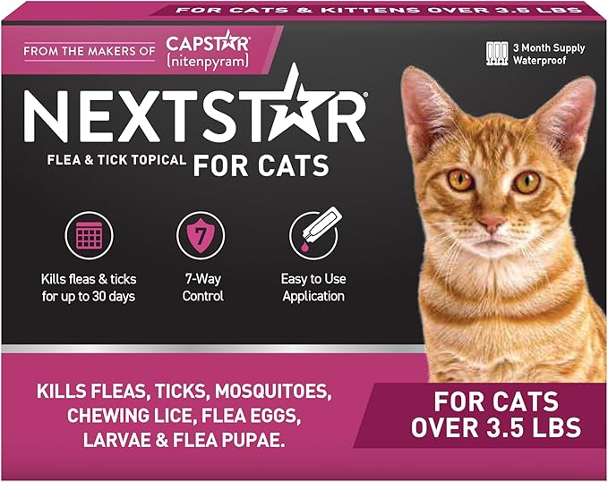 Flea and Tick Prevention for Cats, Repellent, and Control, Fast Acting Waterproof Topical Drops for Cats Over 3.5 lbs, 3 Month Dose
