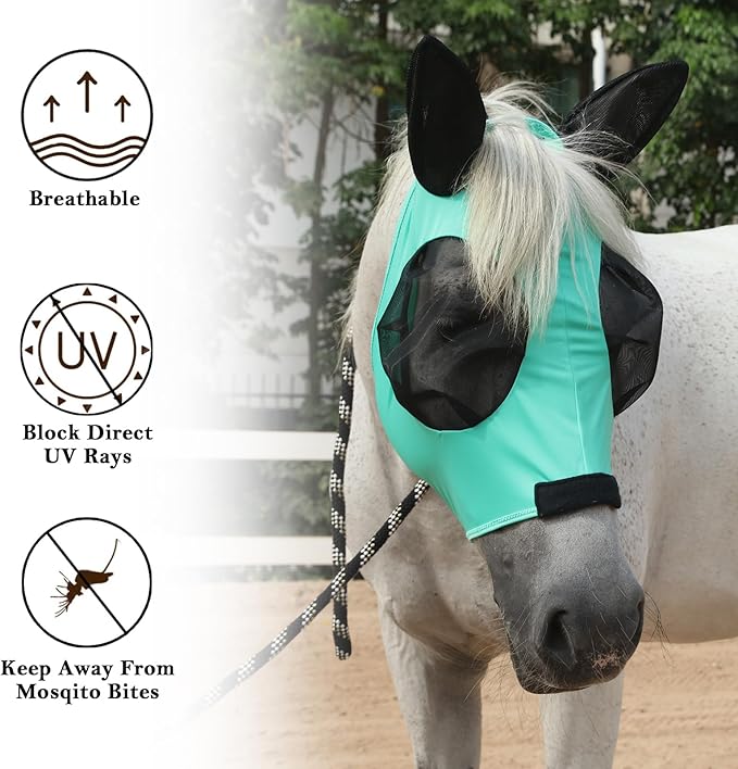 Horse Fly Mask with Ears - Large Eye Space for Full Vision, Breathable Stretch Comfort Fit, UV Protection, Forelock Opening, Easy Pull-On Green Pony