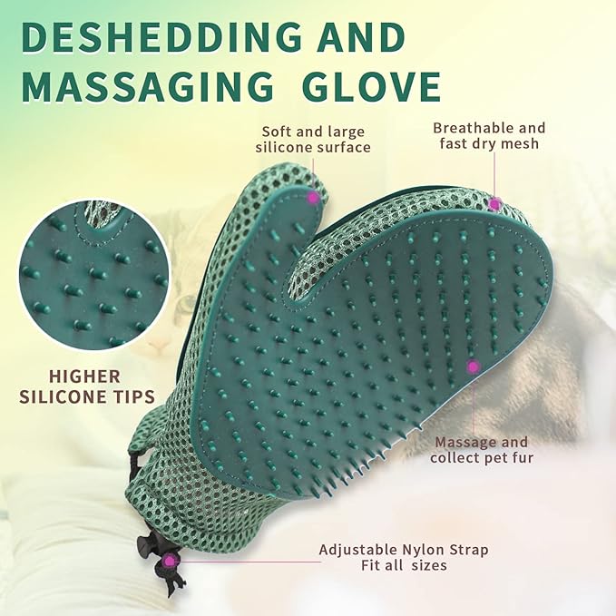 2 in 1 Cat Fur Glove & Pet Hair Remover Glove, Dog Grooming Glove Brush for Shedding, Massage, Efficient Pet Hair Remover Mitt for Cleaner Couch, Carpet [Blue/Single]