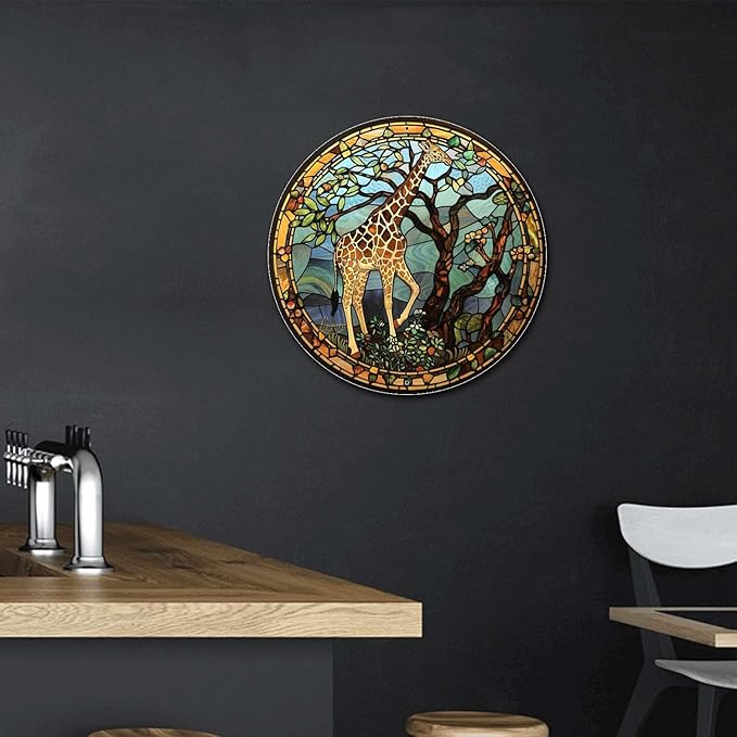 Lygond Metal Sign Tin Sign Circular Stained Glass Giraffe Bathroom Signs for Home for Garage 8×8 Inches