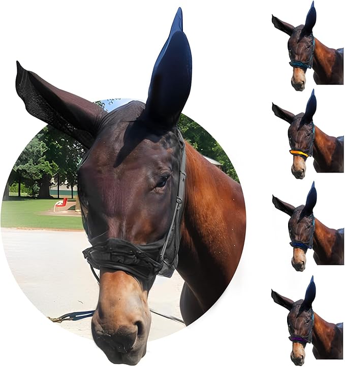 Donkey Fly Mask with Long Ears (Black) Half Hoodie for Standard Donkey, Made in USA - Mule Fly Mask with Ears Protection from Insects and Bugs, Face Cover Soft Mesh Fabric with Adjustable Fastener