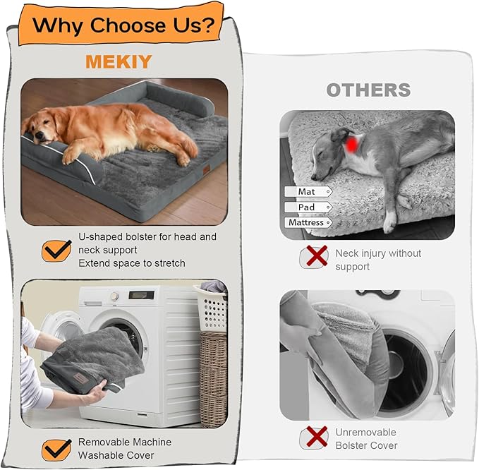 Large Dog Bed Orthopedic Washable - Beds Bolster - Extra XL XLarge Big Dogs - Memory Foam Couch Sofa - Waterproof with Removable Cover - Dark Grey Dog Bed
