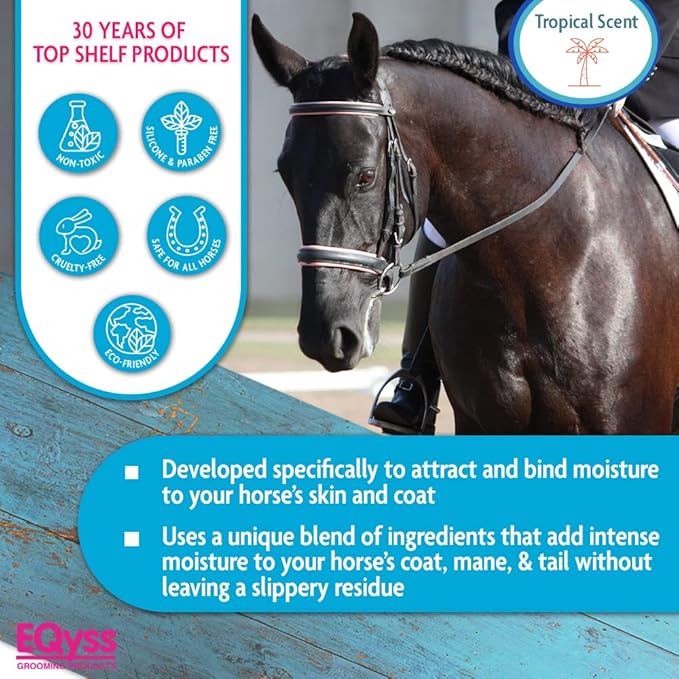 EQyss Premier Equine Horse Spray - Moisturizes Skin and Coat, Enhances Shine and Detangles, Prevents Dry Skin - Non-slip, Repels Dirt, USA-made