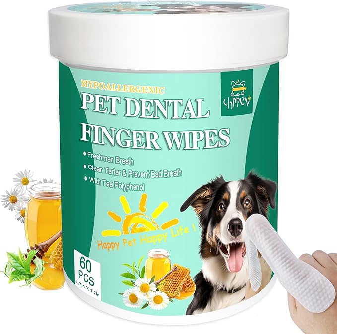 60 Count Dog Dental Wipes - Teeth Cleaning Finger Wipes for Dogs & Cats, Hypoallergenic Dog Toothbrush Finger Dental Wipes to Remove Plaque & Tartar, Freshen Bad Breath, Gentle Cleaning(4.7″*1.7″)