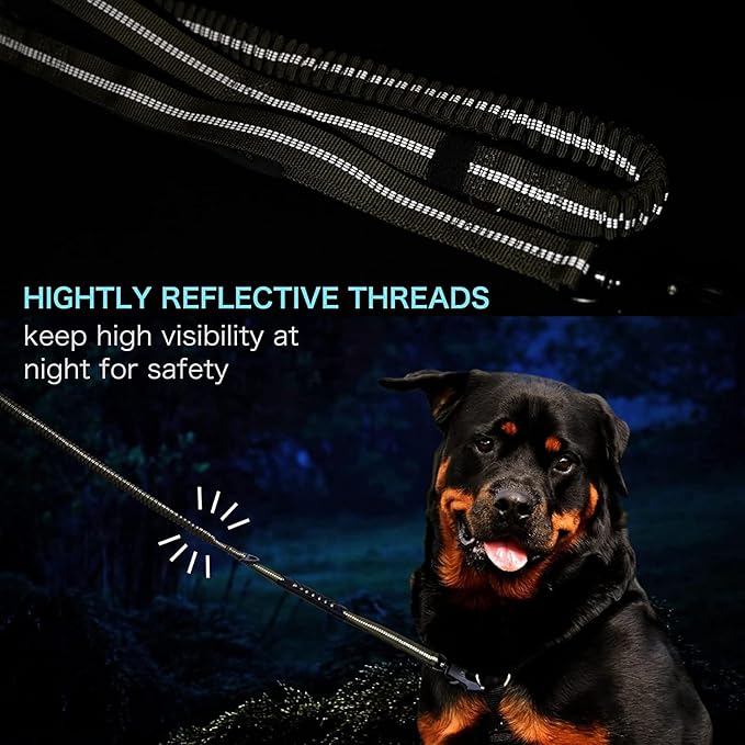 Heavy Duty Tactical Bungee Dog Leash, 4-6FT Shock Absorbing Tactical Leash with 2 Padded Handles, Metal Carabiner Clip,Car Seatbelt, Reflective Dog Leashes for Medium Large Dogs (Brown)