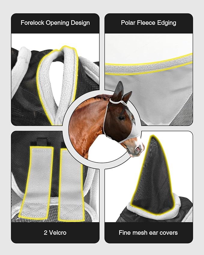 Hilltown Adjustable Fly Mask for Horse with Ears - UV-Block, Large Eye Space, Breathable, Built to Last, Comfort Fit - Horse Fly Mask for Daily Stable, Hot Weather Riding & Competition - Cob, Grey