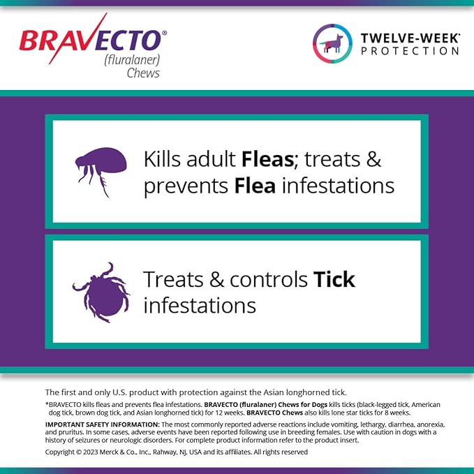 BRAVECTO Chew for Dogs, Flea & Tick, 1 Chew, 12 Week Supply, 22-44 lbs., Green Box