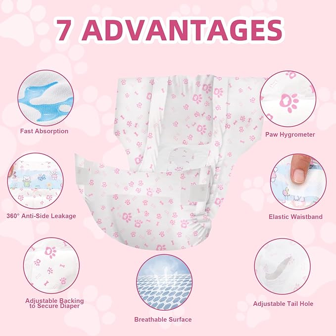 Disposable Dog Diapers Female 90 Count Puppy Diapers Female (Waist 11-18 in M) Super Absorbent Small Doggie Diapers for Heat Excitable Urination or Incontinence - Pink