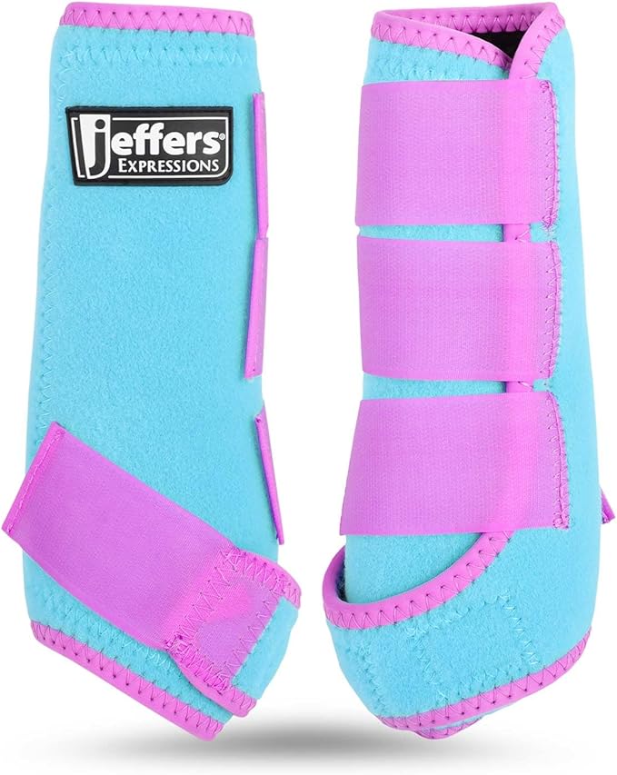 Jeffers Equine Neon Horse Boots – 1 Pair – Turquoise & Purple – Large Size – Breathable Neoprene, Secure Straps Closures – Durable Protection for Front & Hind Legs, Trail & Riding Use