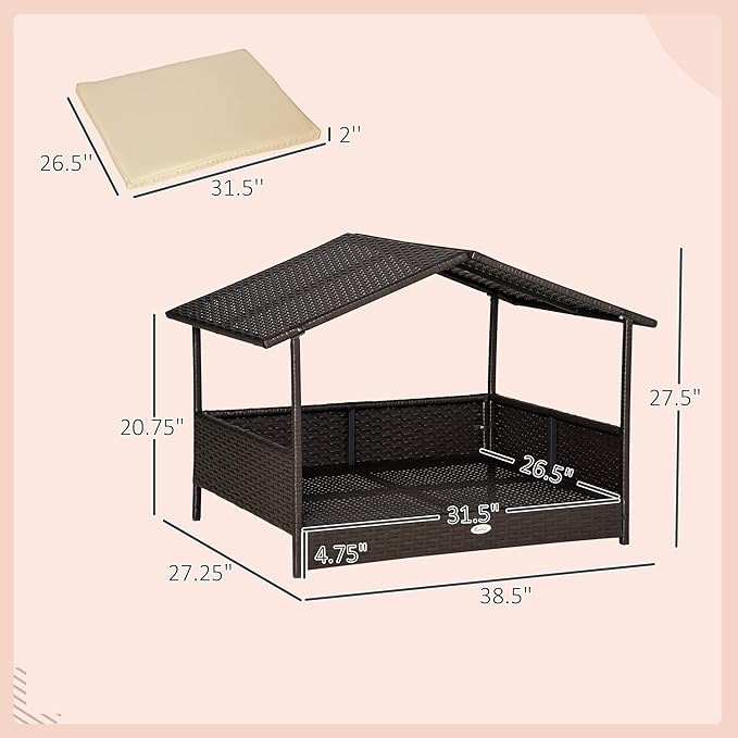 PawHut Wicker Dog House Outdoor with Canopy, Rattan Dog Bed with Water-Resistant Cushion, Raised Dog Bed for Small, Medium Dogs up to 66 lbs, 19.75" in Length, Brown Wicker, White Cushion